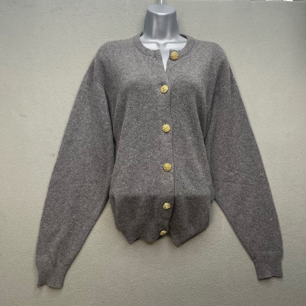 Saks Fifth Avenue Women Cardigan Scottish Cashmere L Gray Gold Button Vintage